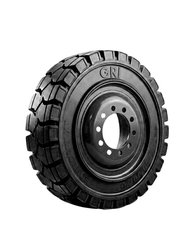 10.00-20 7.5" GRI BOMBCART 10 lug-piloted WHEEL MOUNTED, Wide Tread, Standard, Solid, Black